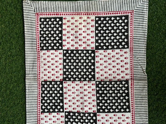 Black white checks hand block printed cotton pillow cover