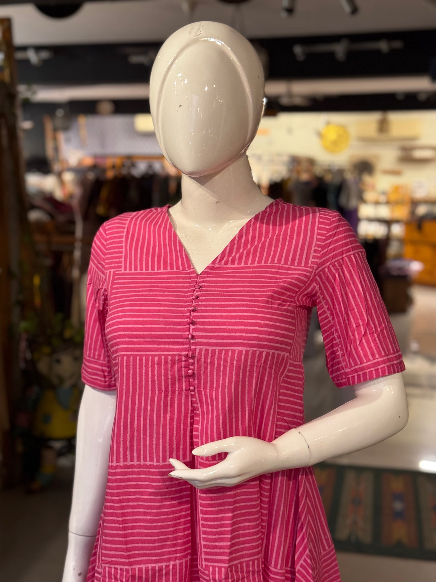 Front pleated, v-neck hand block printed cotton dress - multiple designs