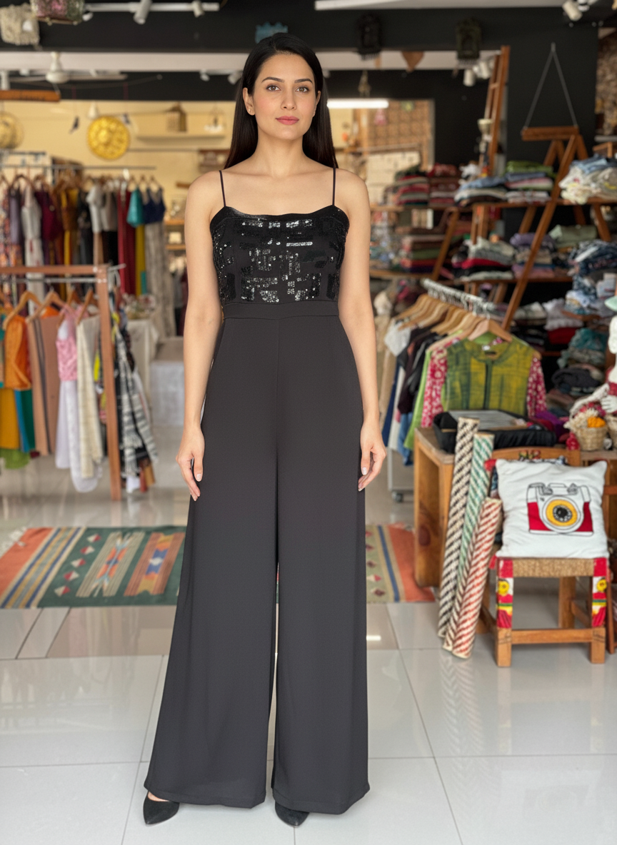 Crepe strappy jumpsuit with hand embellished yoke - color options available