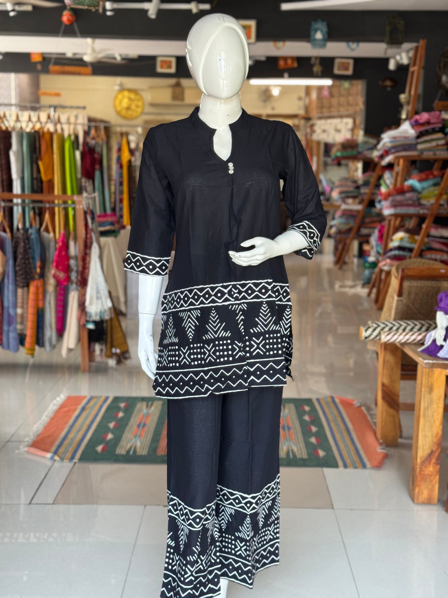 Black with geometric print band collared cotton mid length top with long sleeves and pants - coord set