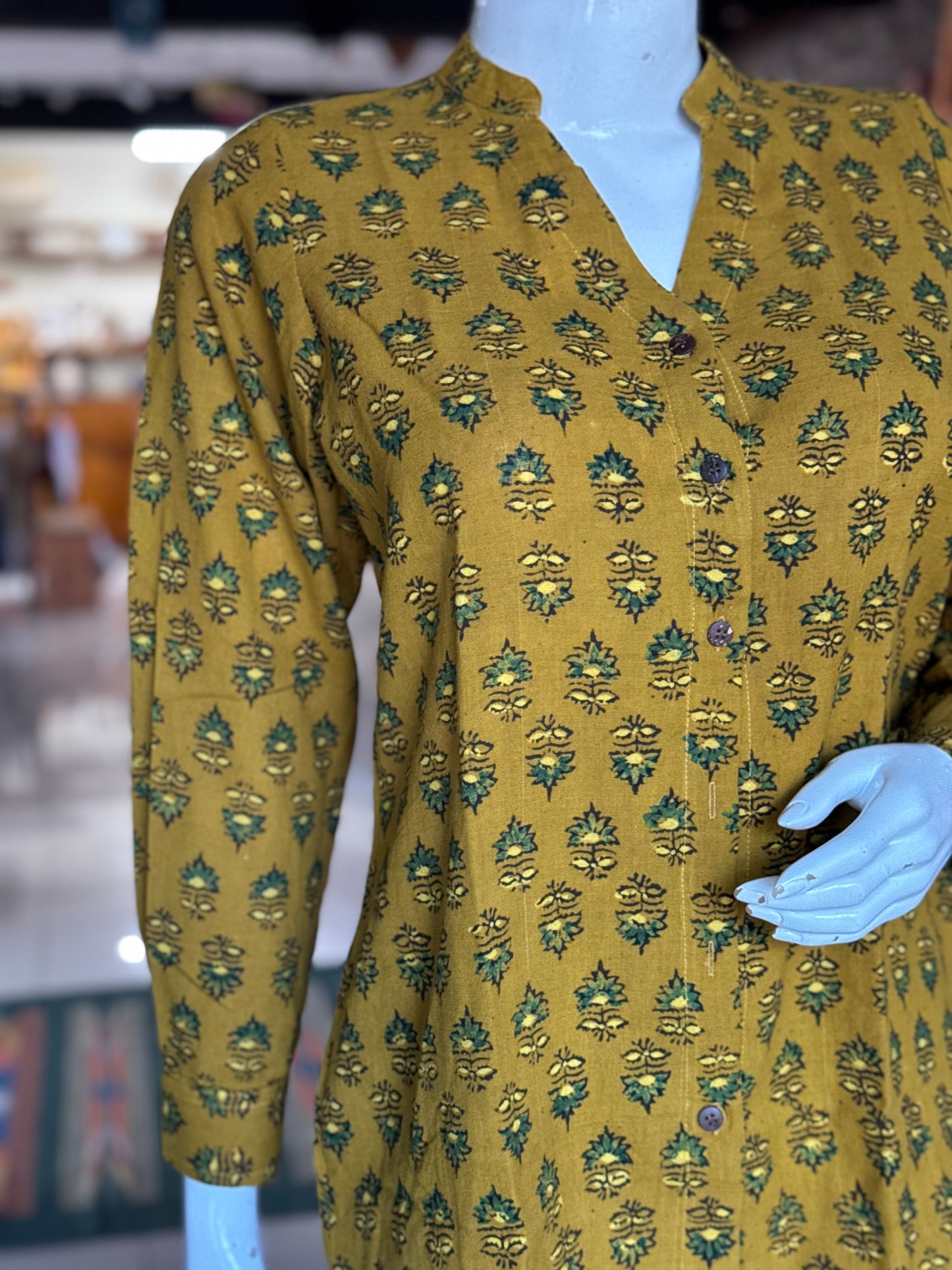 Olive green Chinese collared top with V-neckline - hand block printed, Hand spun, hand woven cotton