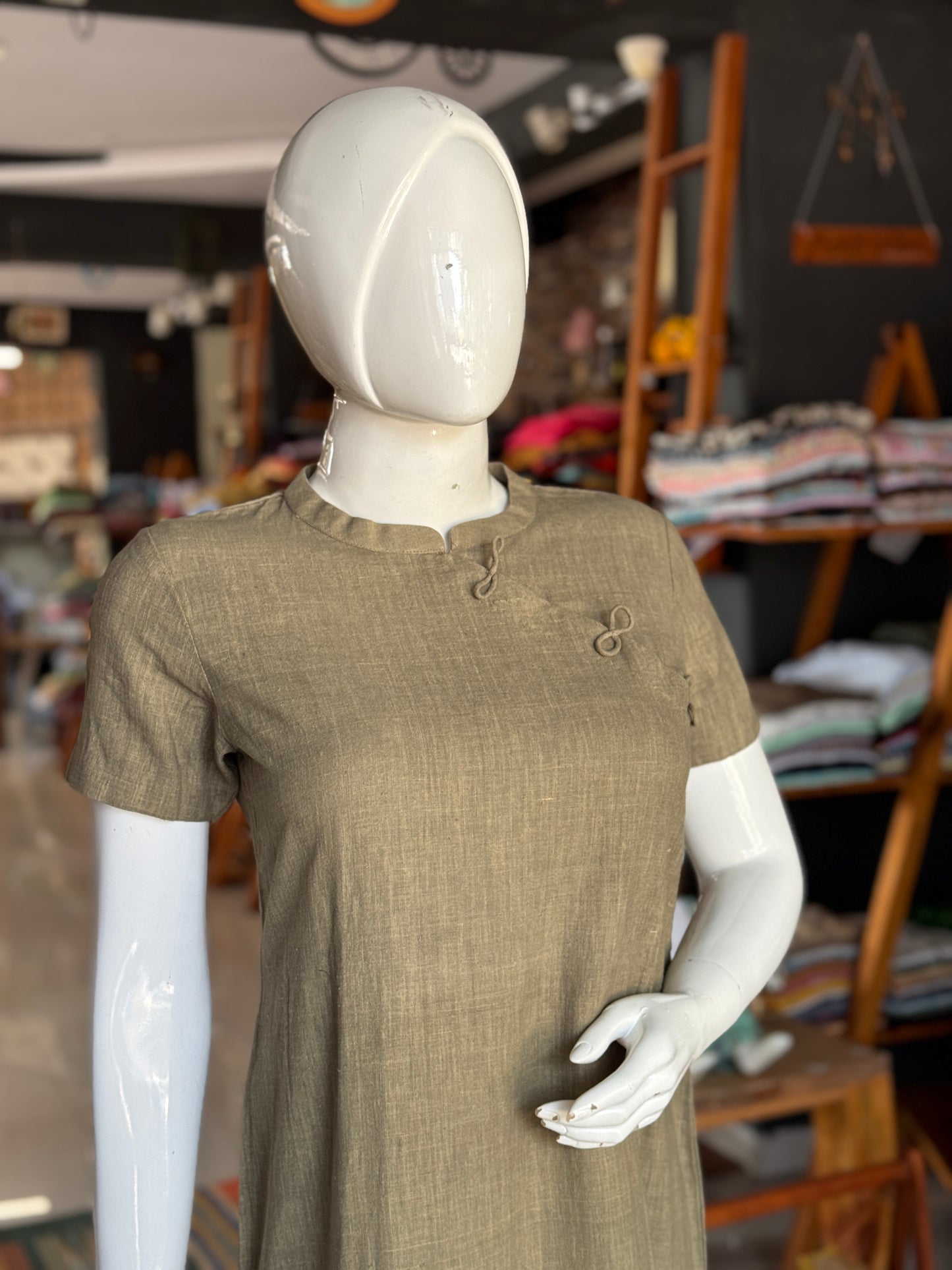 Mehendi green natural dyed , hand woven, organic cotton dress band collared dress with one side slit