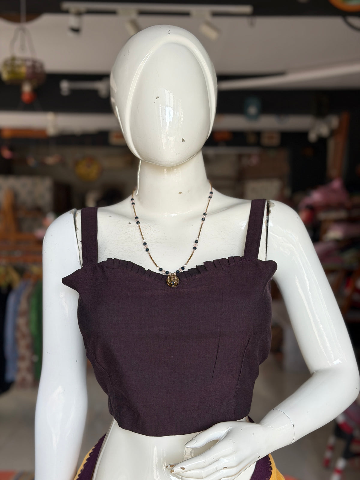 Wine brown hand woven cotton strap sleeves back open blouse
