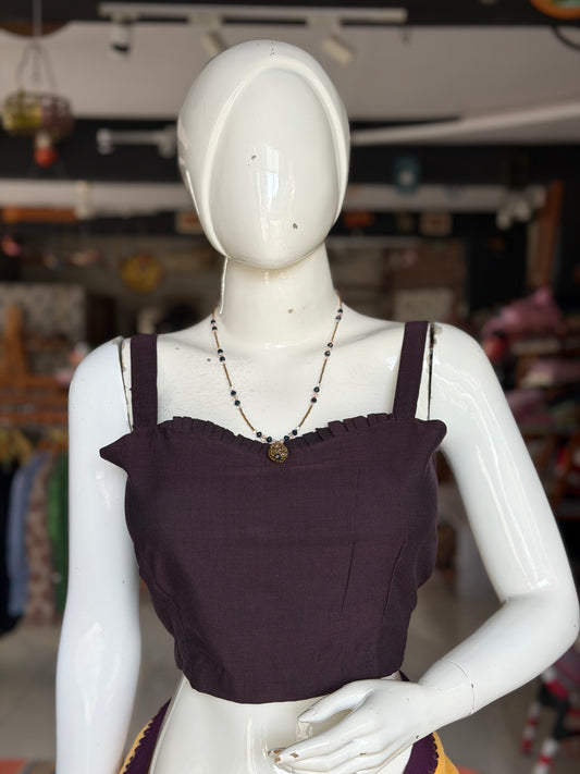 Wine brown hand woven cotton strap sleeves back open blouse
