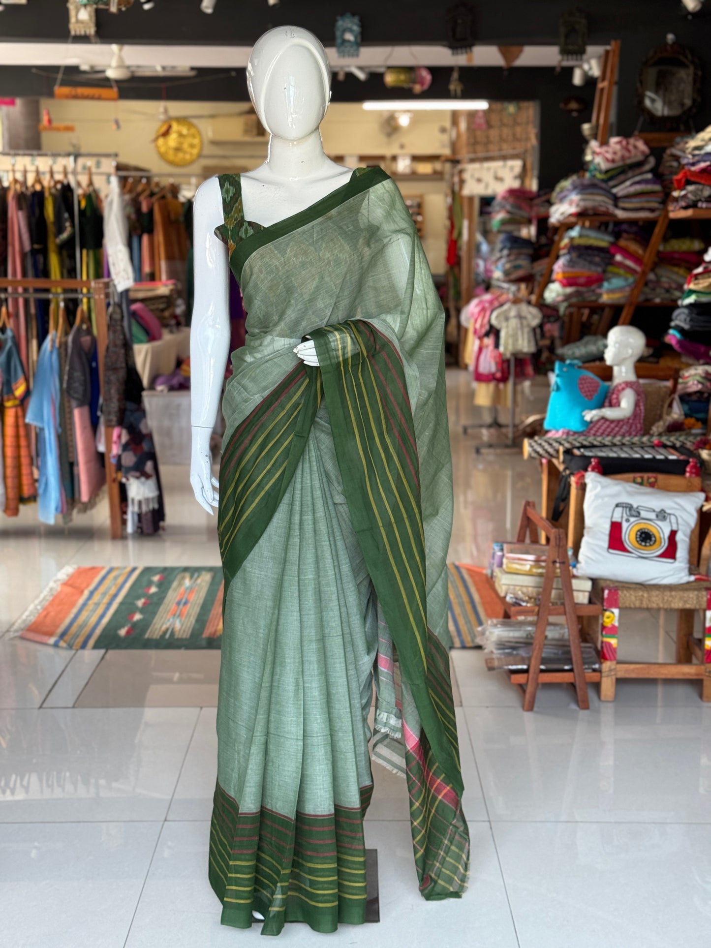 Dark green plain cotton saree with stripes wide border light weight soft handloom Bobbili cotton saree