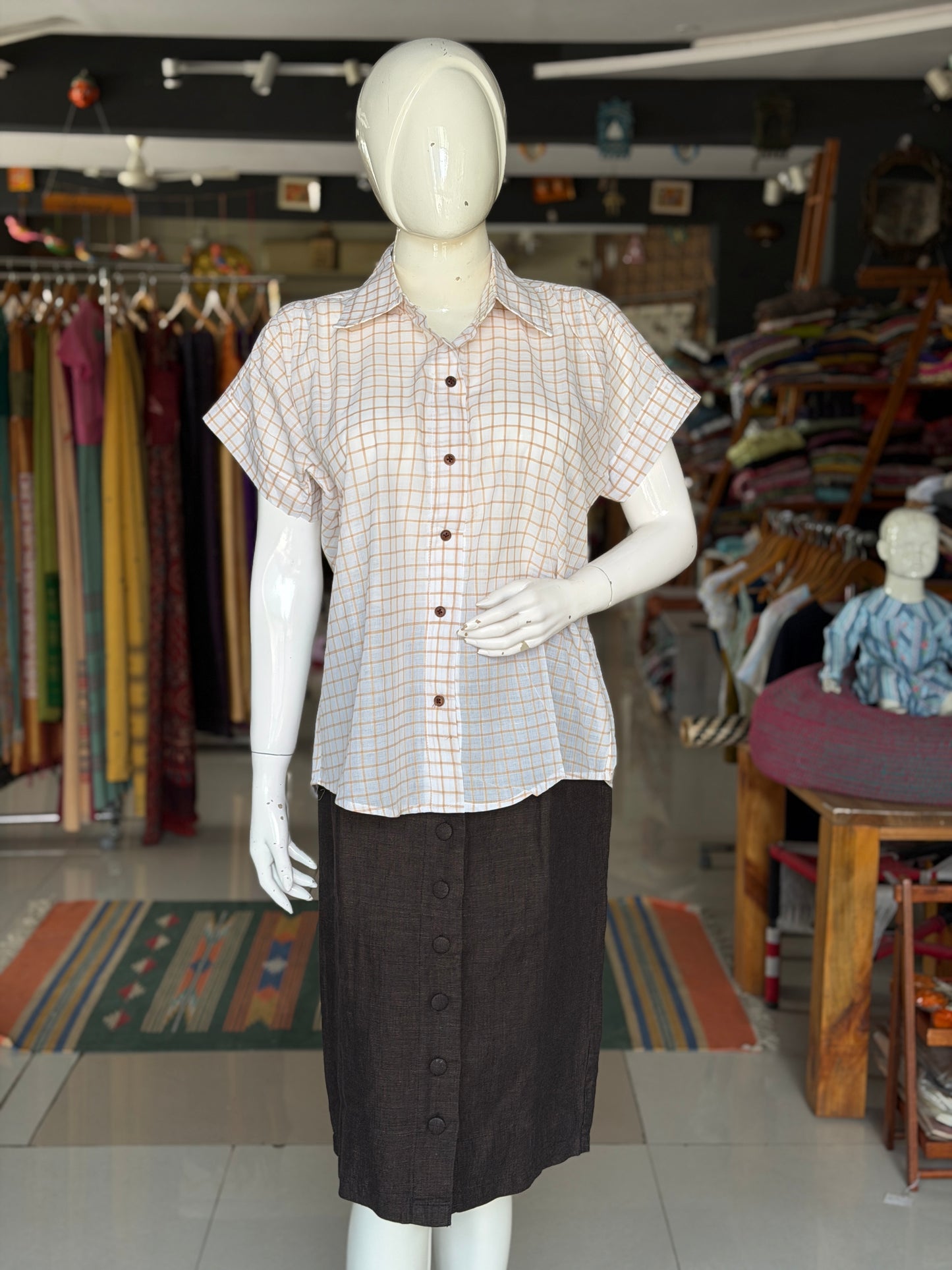 White and brown checkered handloom cotton free size pleated shirt style top with natural wooden buttons