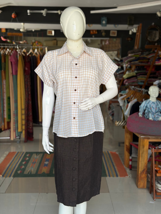 White and brown checkered handloom cotton free size pleated shirt style top with natural wooden buttons