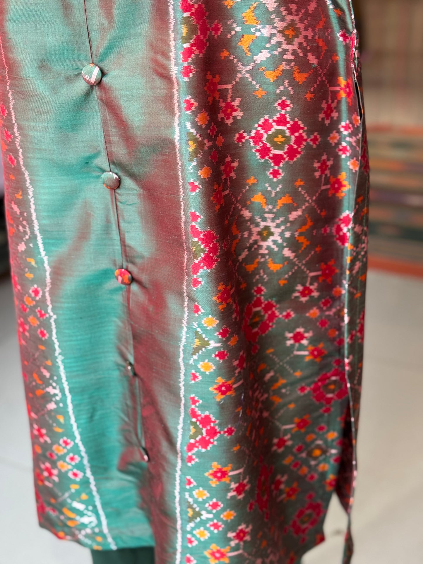 Green ikat tie n dye handwoven pure silk straight cuts Kurti