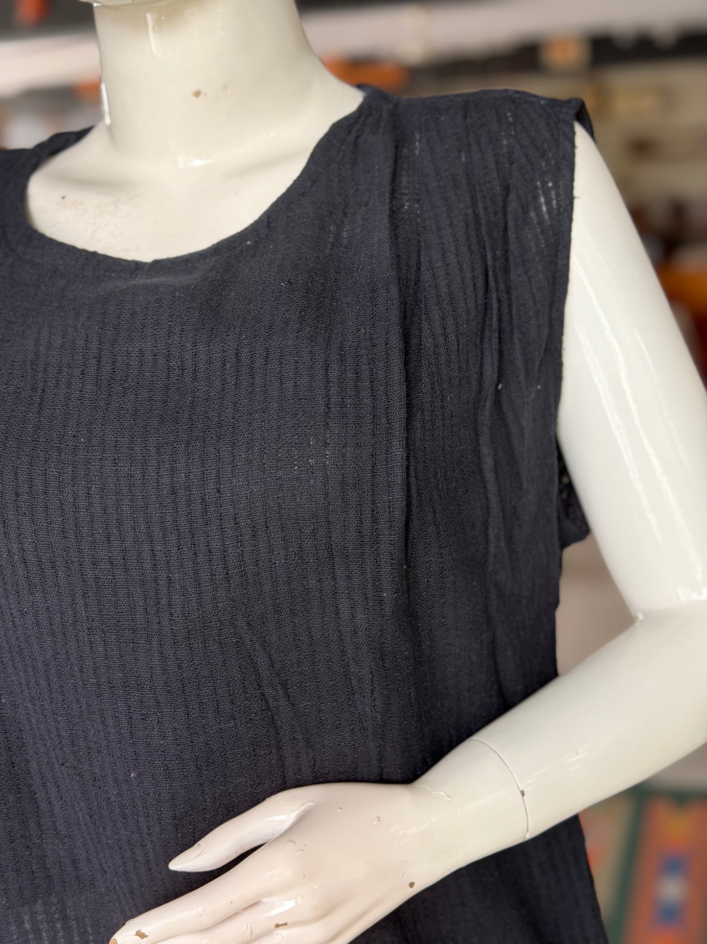 Black cotton top with asymmetric shoulder pleats - hand spun, hand woven fabric with missing thread stripes weave