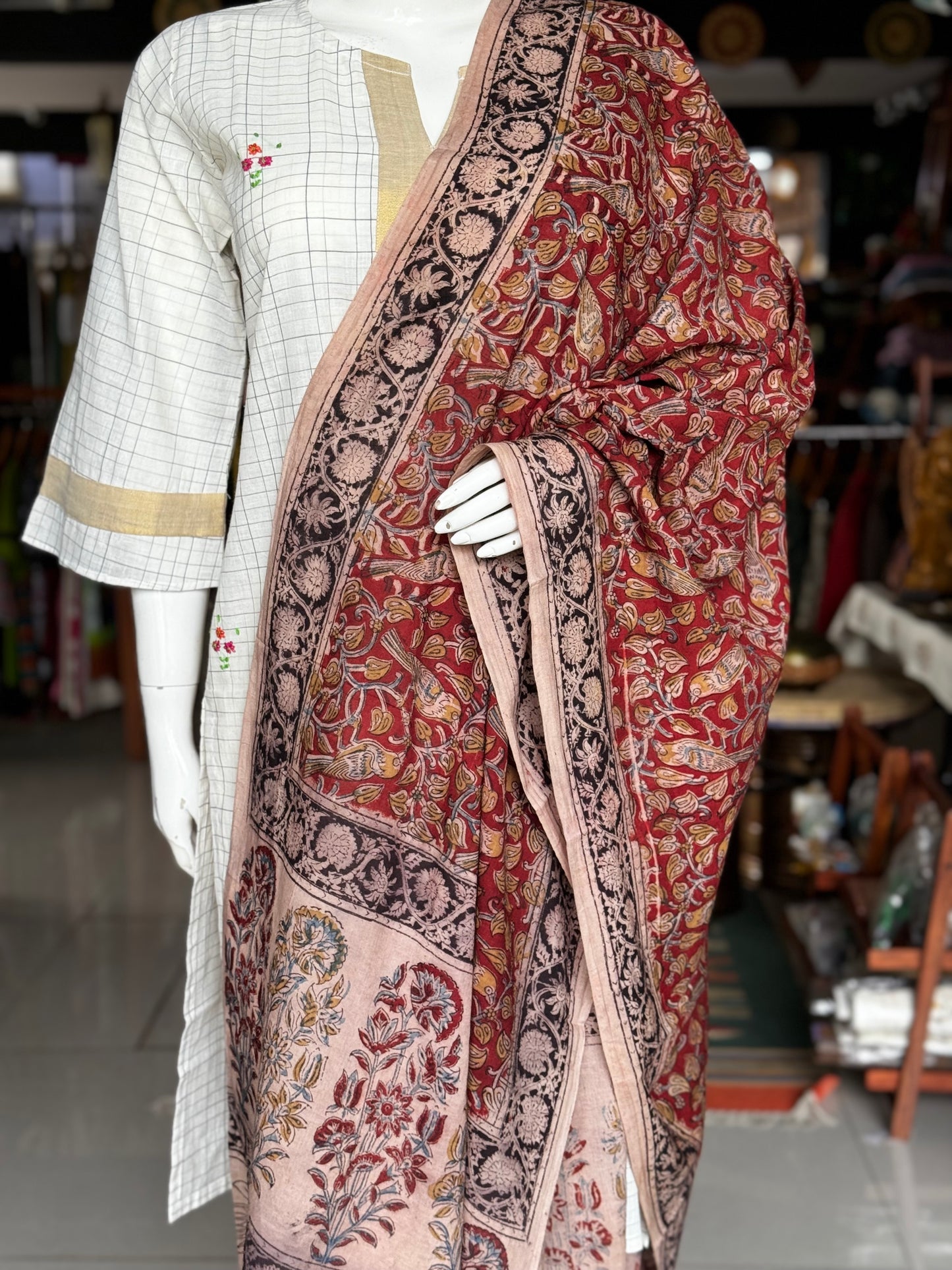 Maroon cotton kalamkari handblock printed dupatta with natural dyes