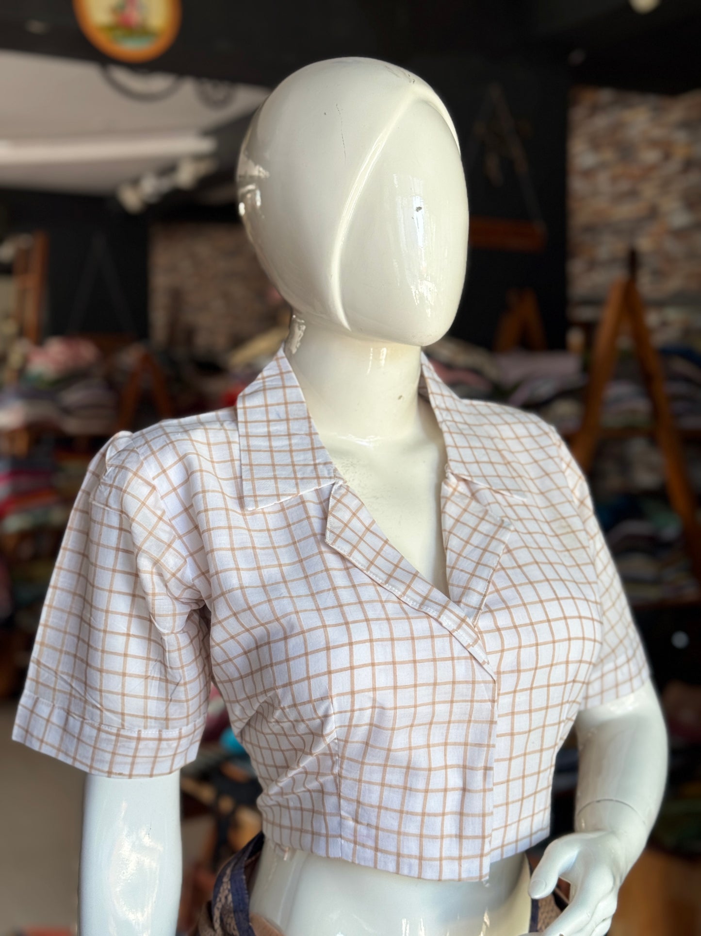White with brown checks collared handloom cotton front open blouse