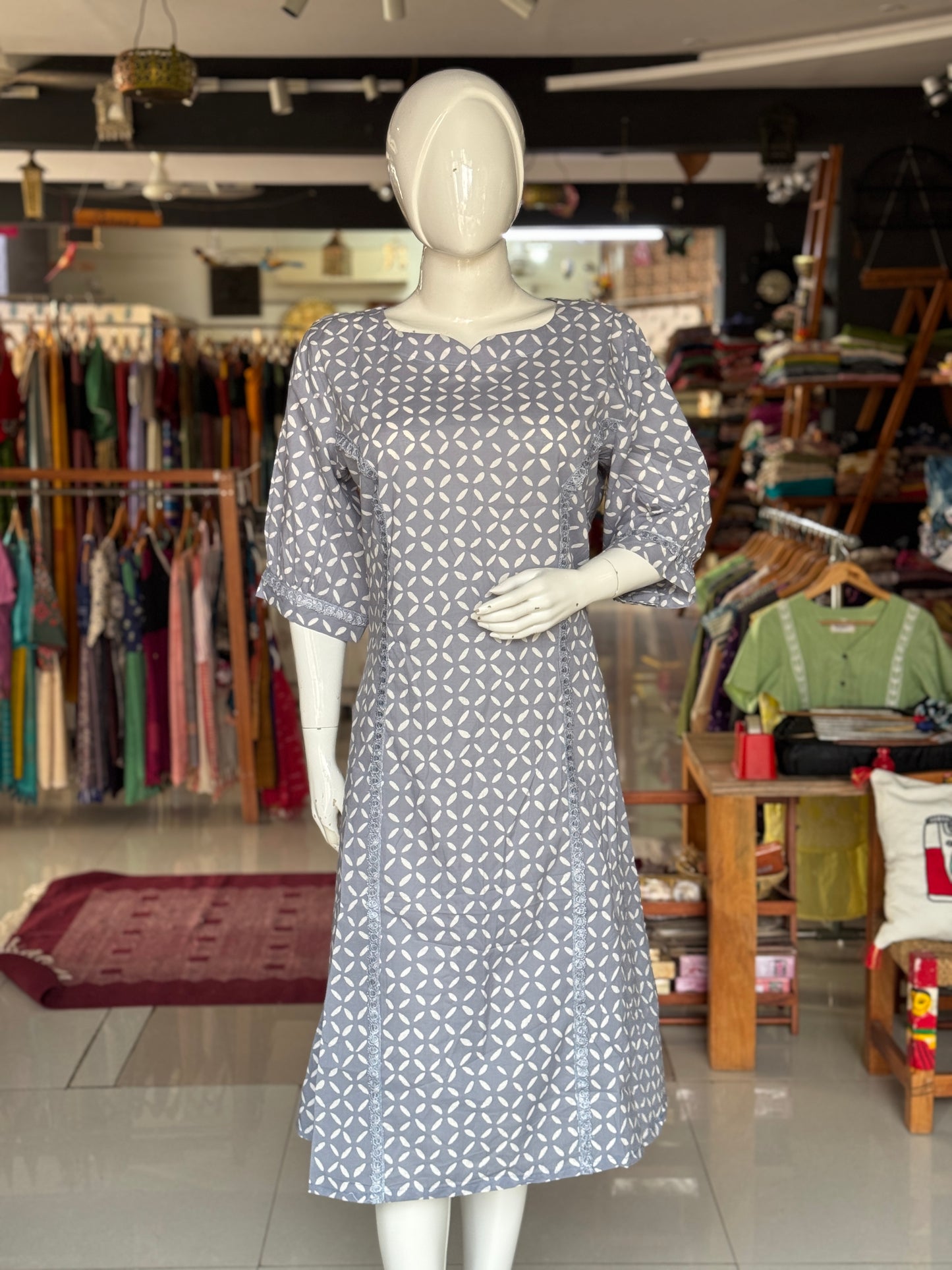 Grey hand block printed cotton A-line dress / kurti with lace details