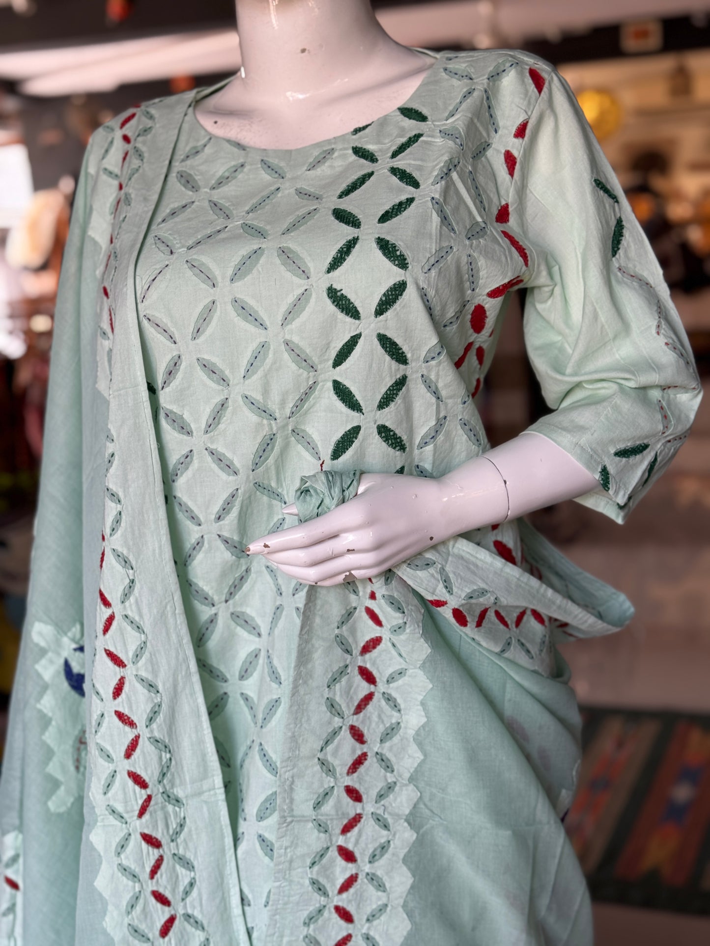 Pista green hand embroidered applique cotton kurta, dupatta n pants set - 3 piece suit set