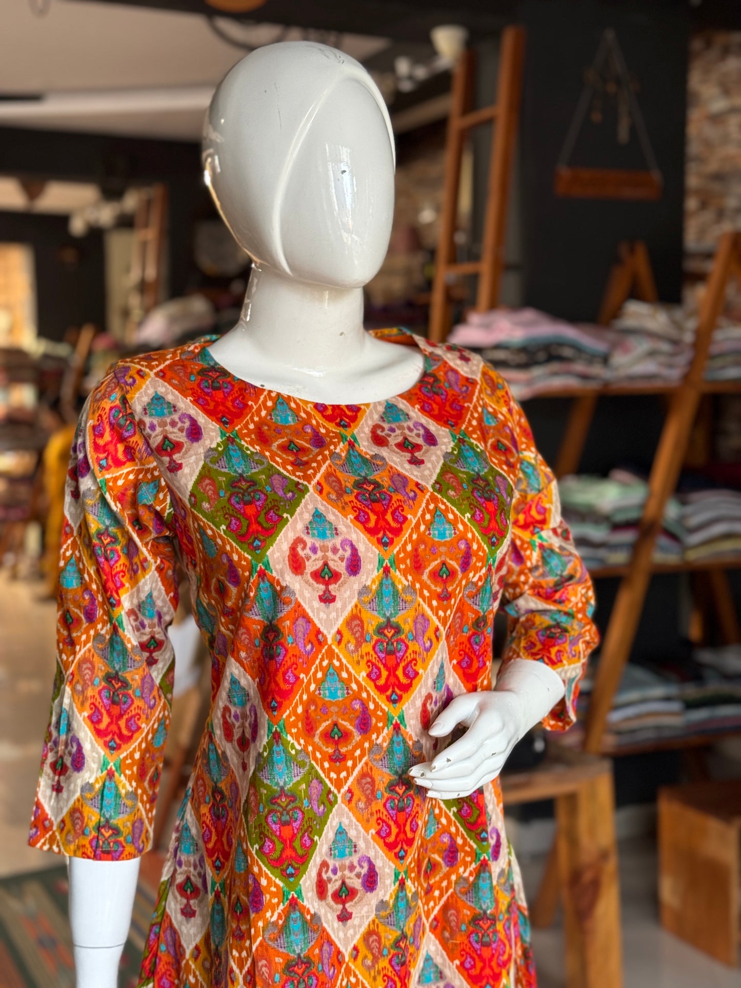 Colorful diamond n paisley print a-line kurti with lining