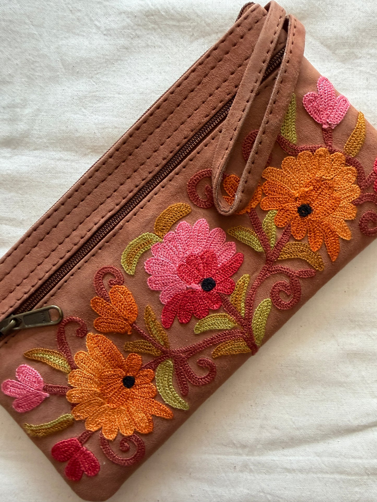 Wristlet pouch with Kashmiri floral Aari embroidery - 3 zippers - color options available