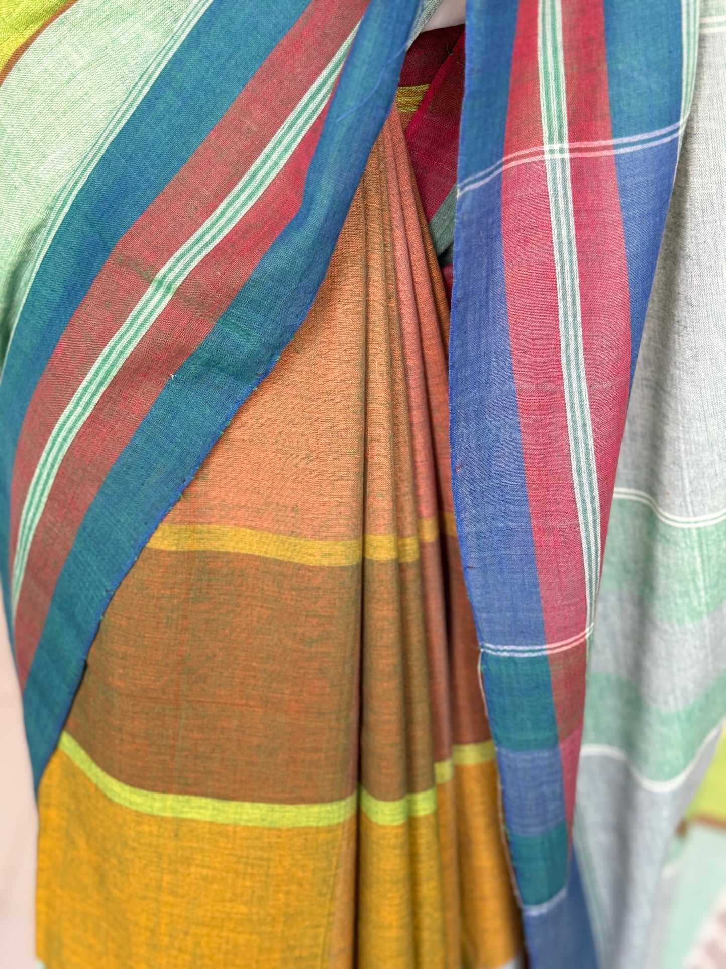 Brown and green color block hand woven soft cotton unique designer saree