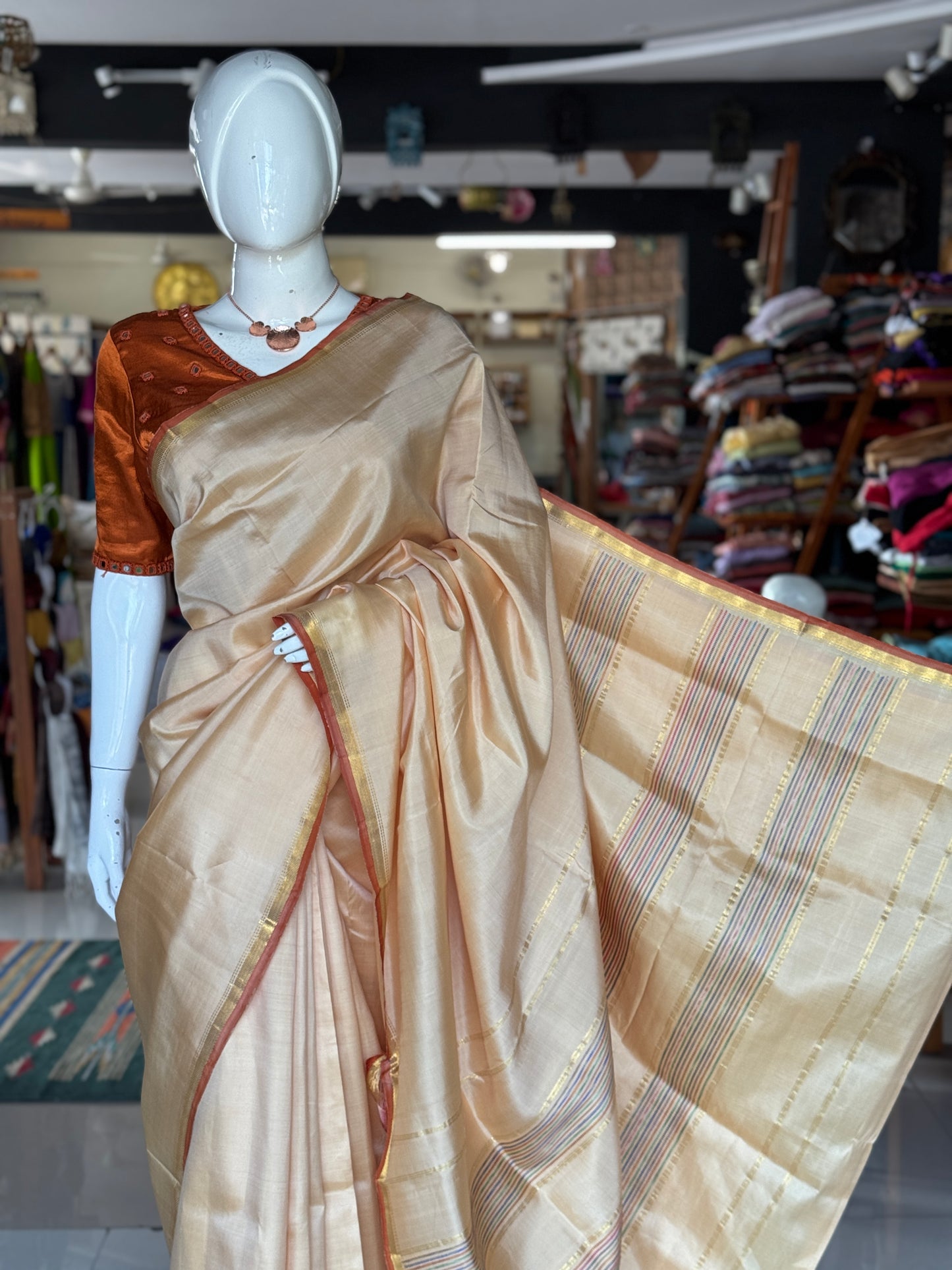Classy cream pure silk handloom Kumbakonam pattu saree with colorful stripes palla