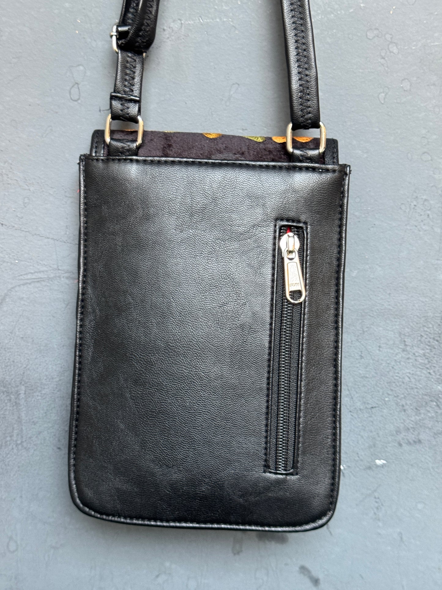 Mobile phone sling pouch - Kashmiri floral Aari embroidered with adjustable length strap and zippered back pocket - colors available