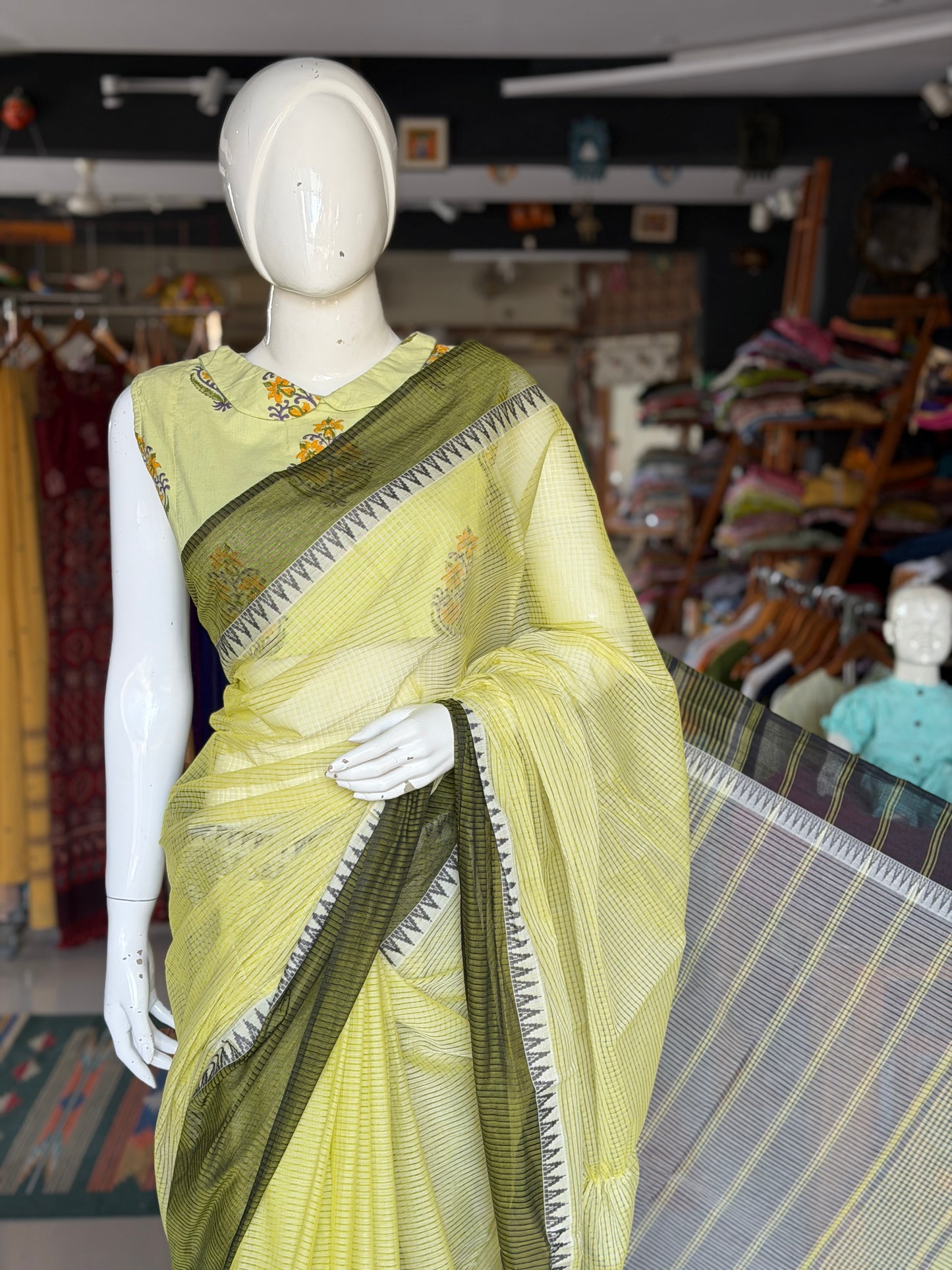 Lime green and dark green Mangalagiri handloom missing checks cotton saree with temple border
