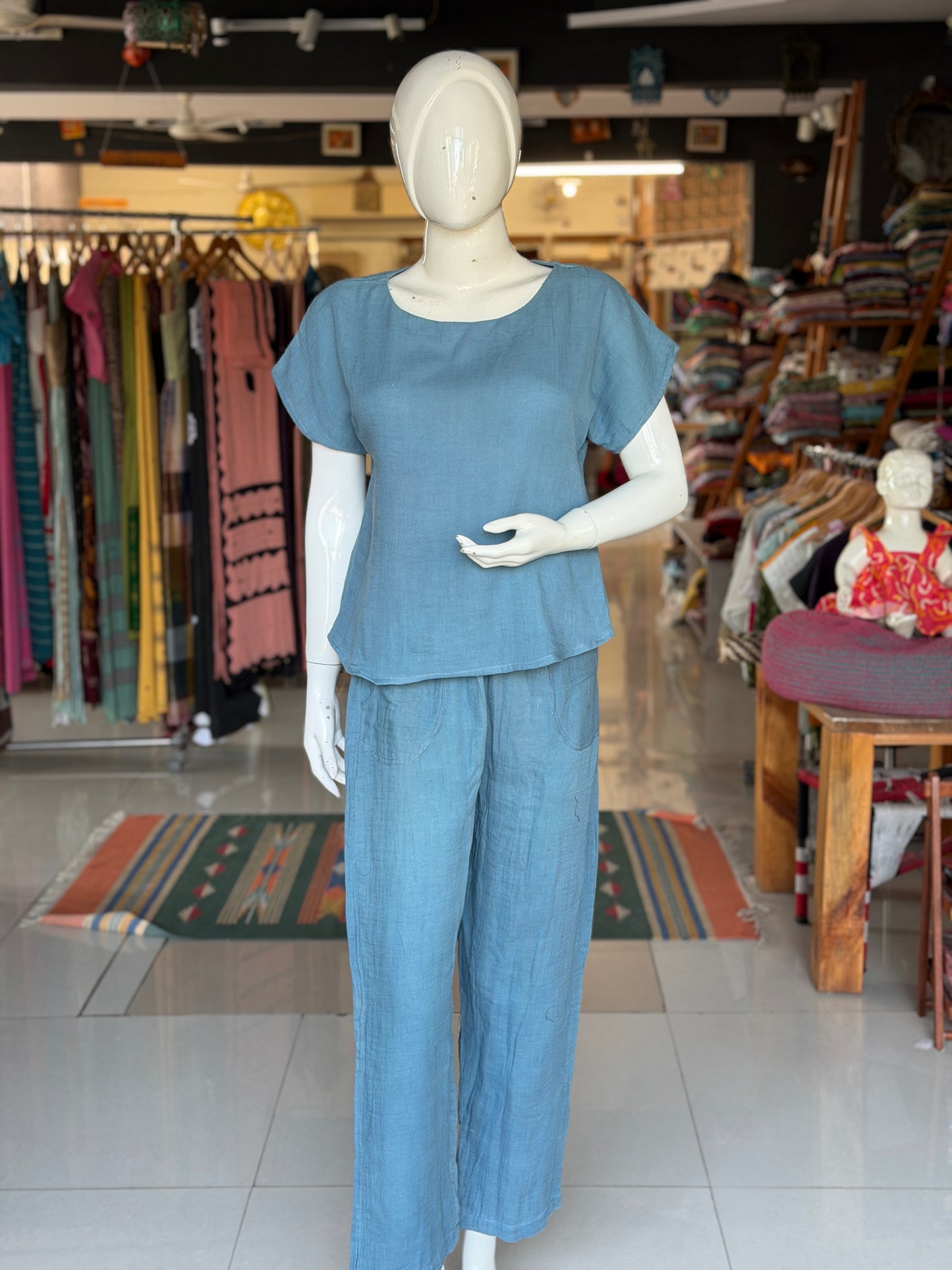 Teal blue soft double cotton crushed look top - shoulder sleeve