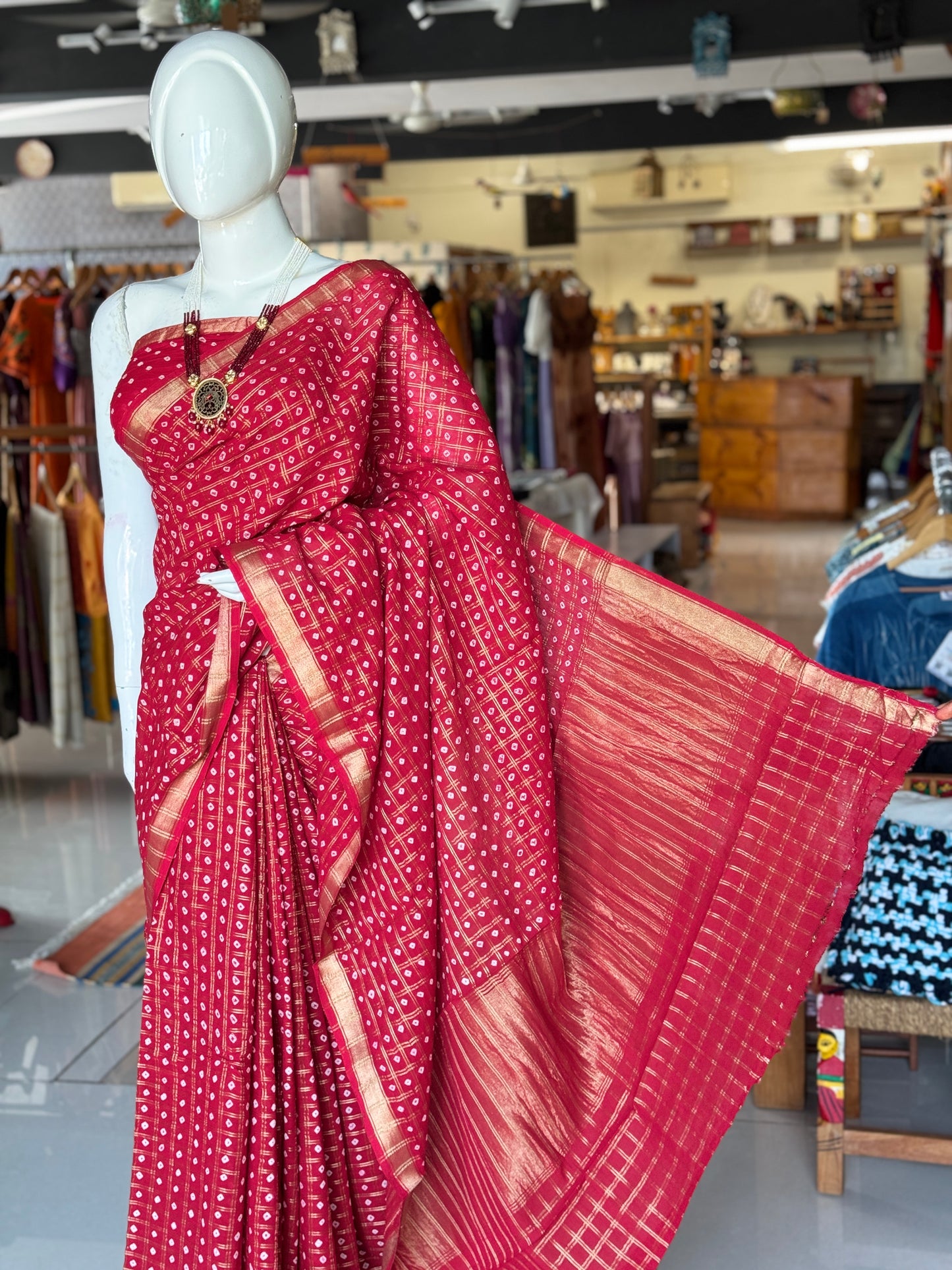 Reddish maroon gharchola bandini tie n dye cotton saree with zari checks