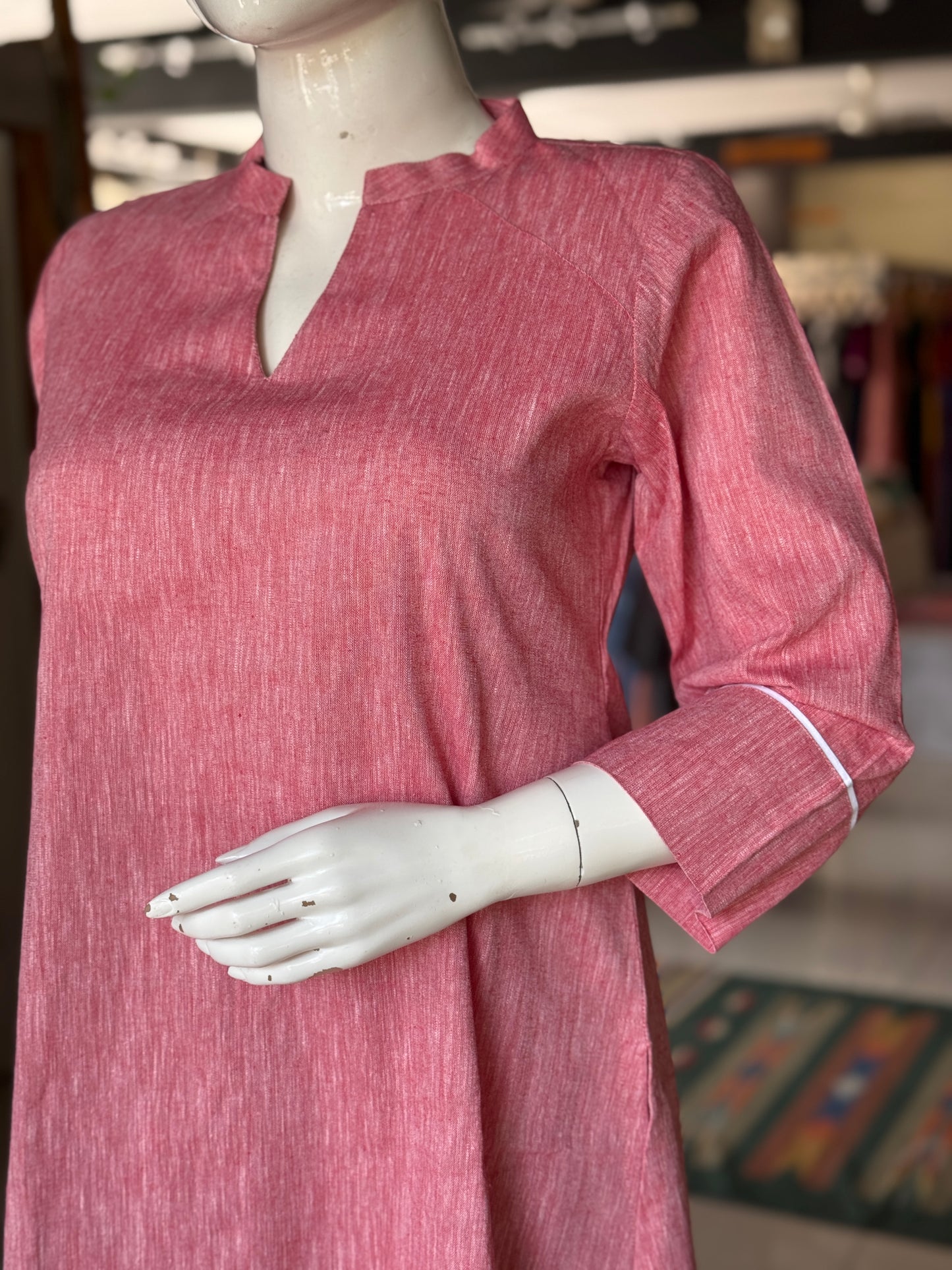 Pink band collared cotton kurta n pants - 2 piece coord set