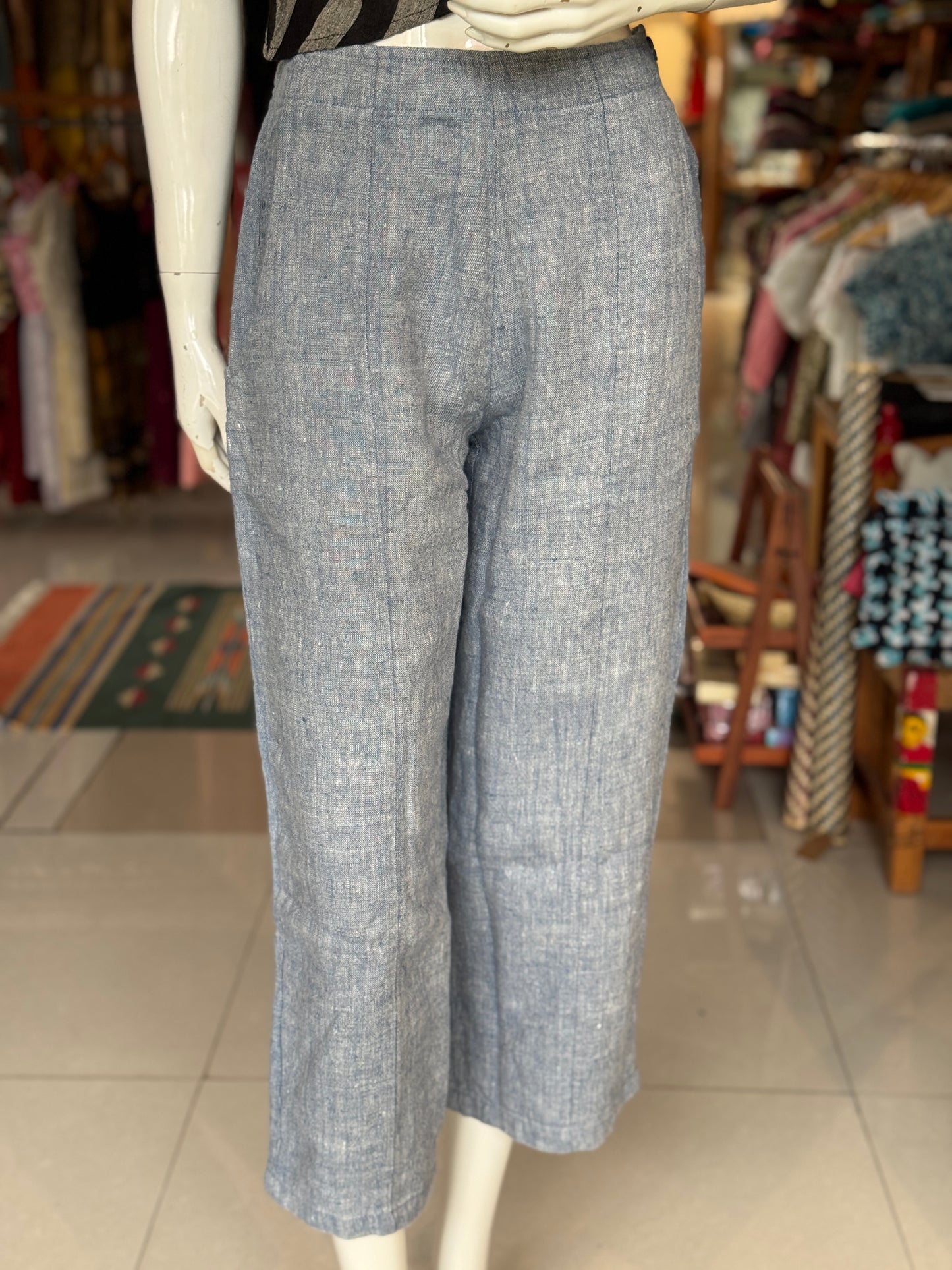 Linen handwoven straight ankle length relaxed fit pants for women