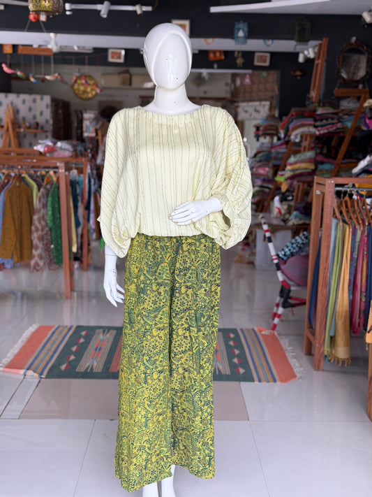 Green and yellow cotton hand block printed Ajrakh free sized pants