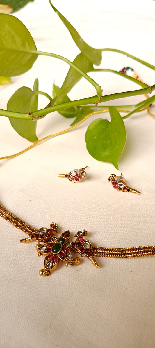 Two birdies neckpiece earrings set - pink green stones
