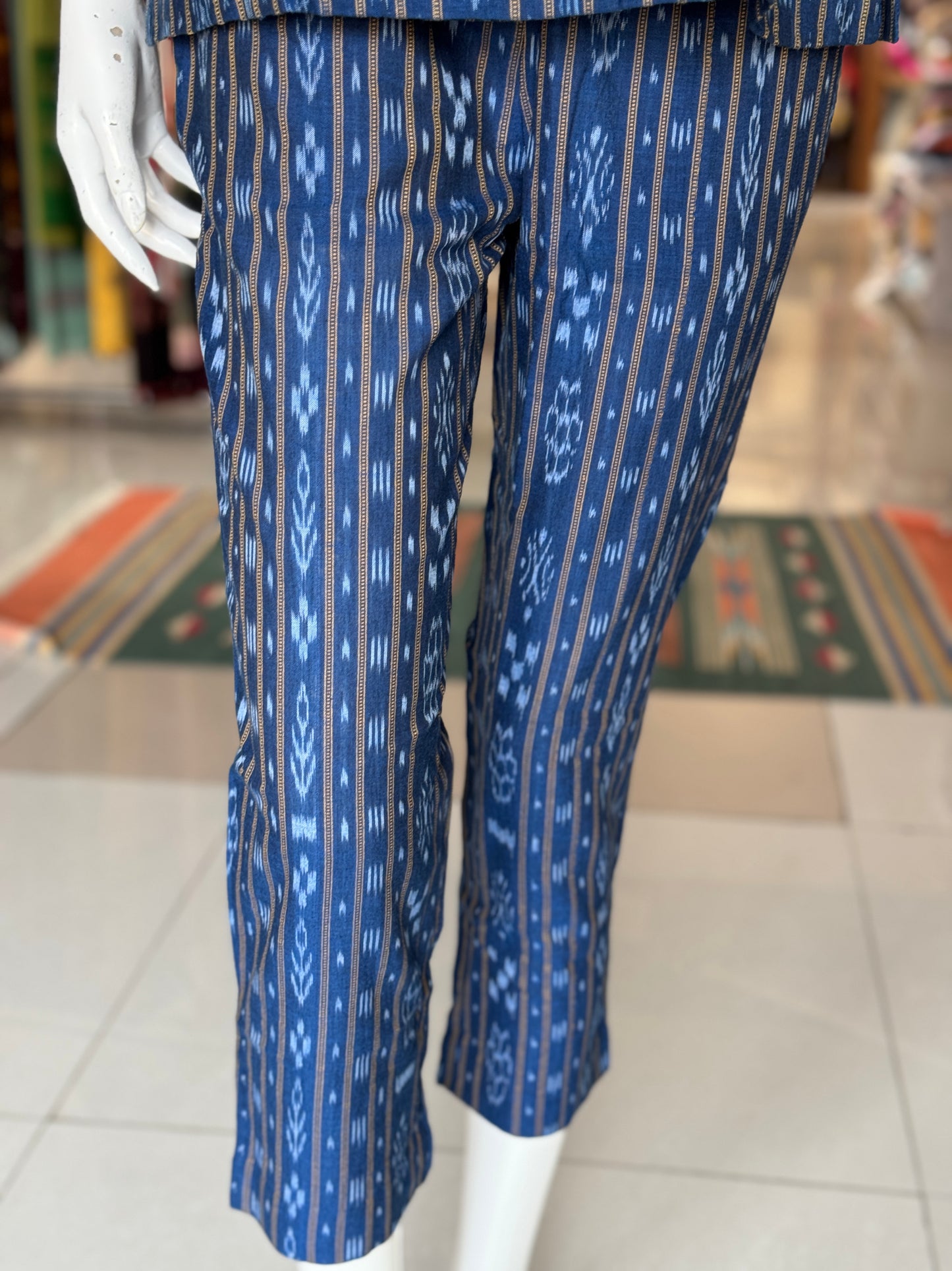 Blue Ikat handwoven collared cotton sleeveless gilet jacket top and pants coord set