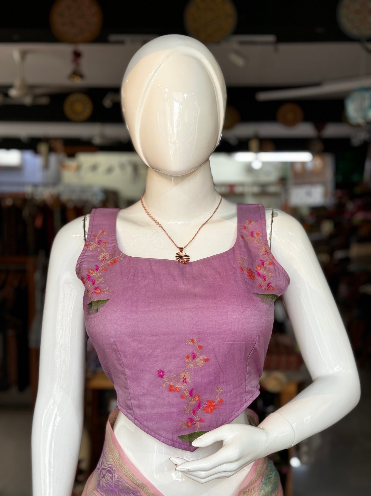 Lavender Banarasi back open sleeveless blouse with flower motifs and V waist