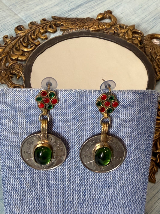 Vintage tribal look earrings with colorful stone studs and coin drop - colors and designs options available