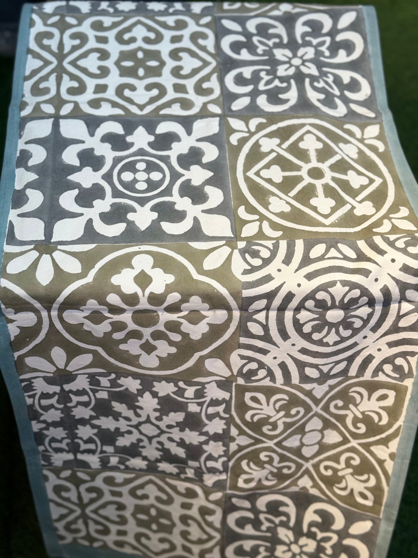 Grey green white hand block printed canvas table runner