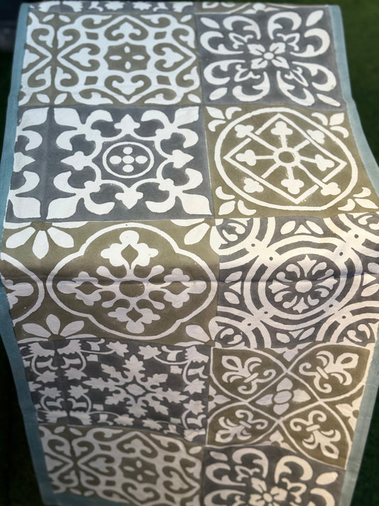 Grey green white hand block printed canvas table runner