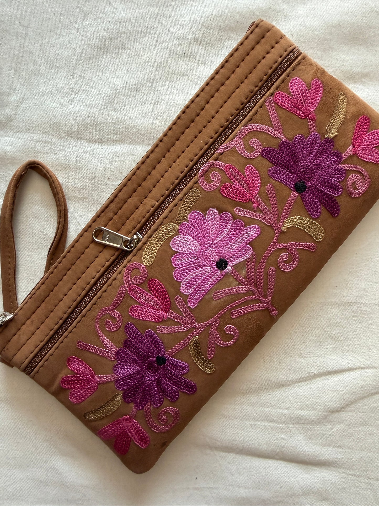 Wristlet pouch with Kashmiri floral Aari embroidery - 3 zippers - color options available