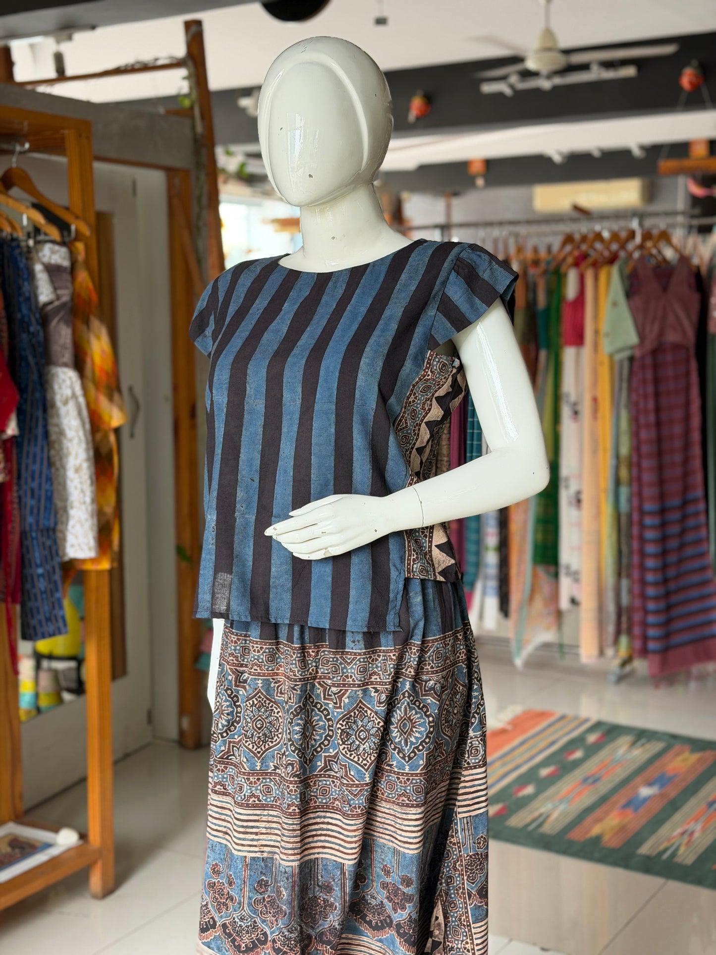 Indigo n black stripes cotton coord set of skirt n top - Ajrakh hand block prints