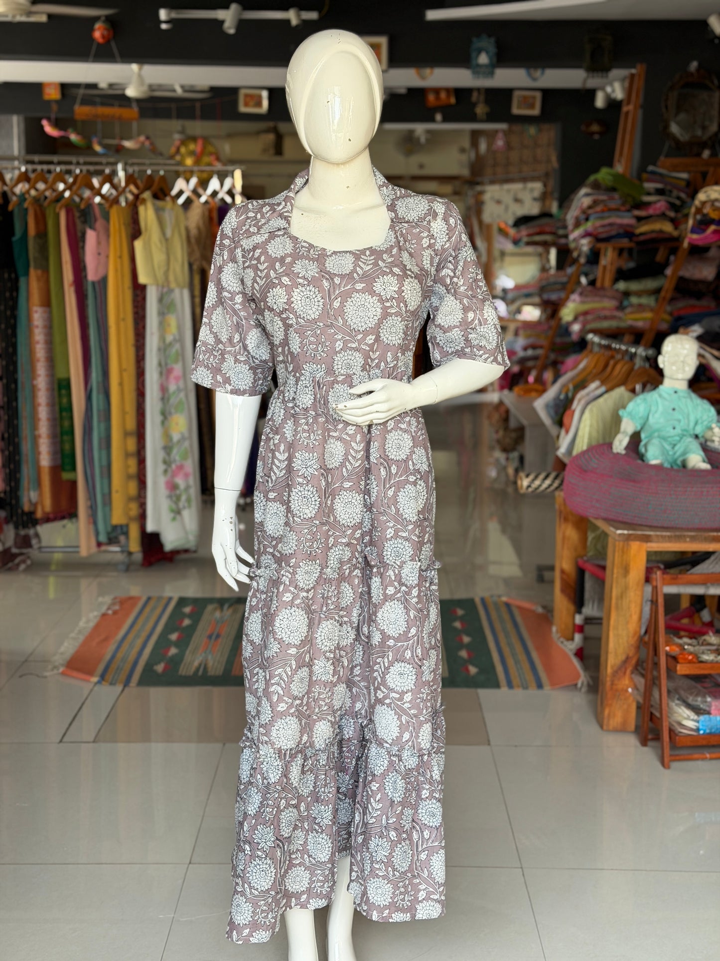 Brownish grey hand block printed cotton multi tiered dress with collared neck