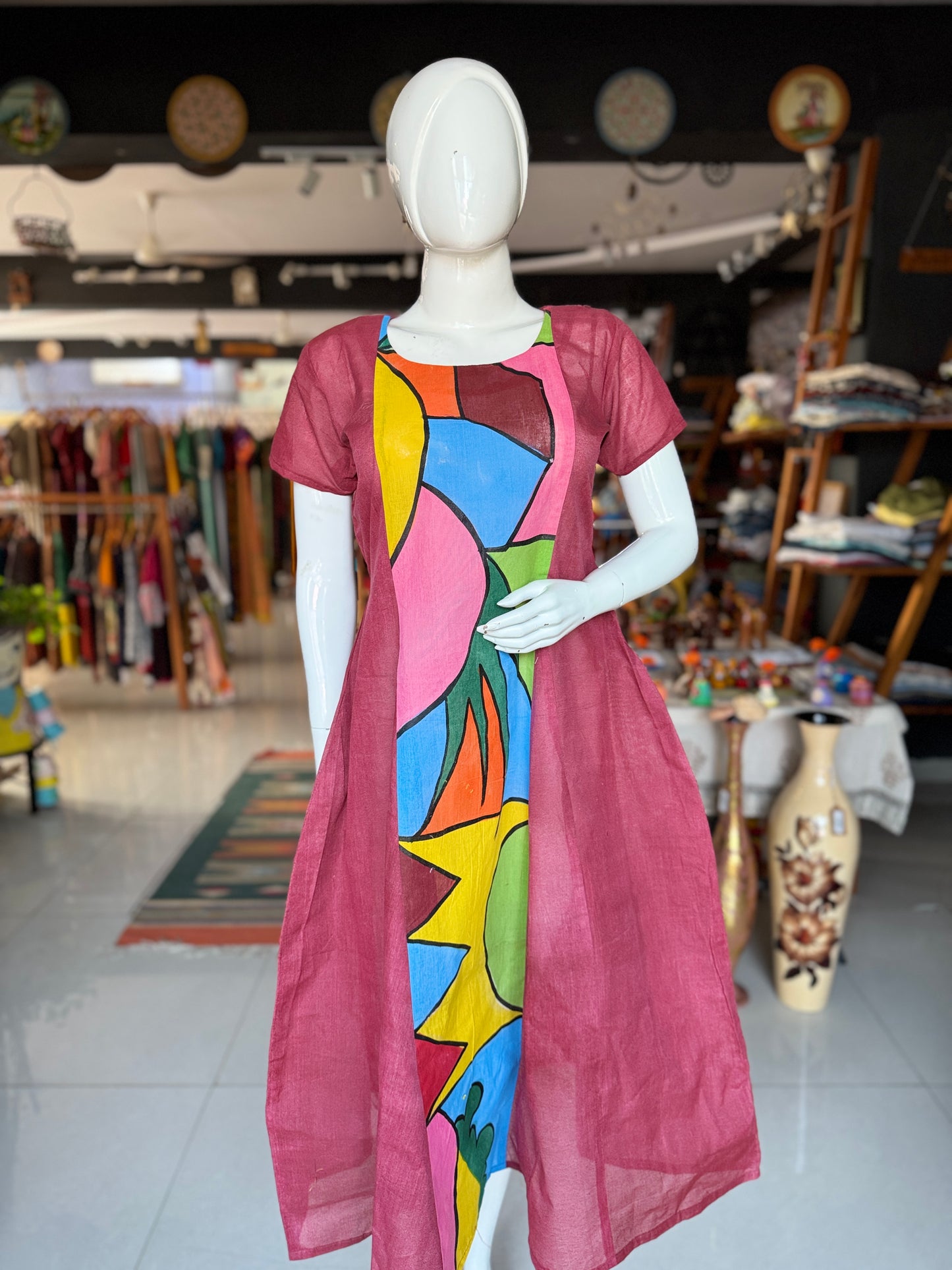 Maroon hand painted colorful center panel cotton A-line dress