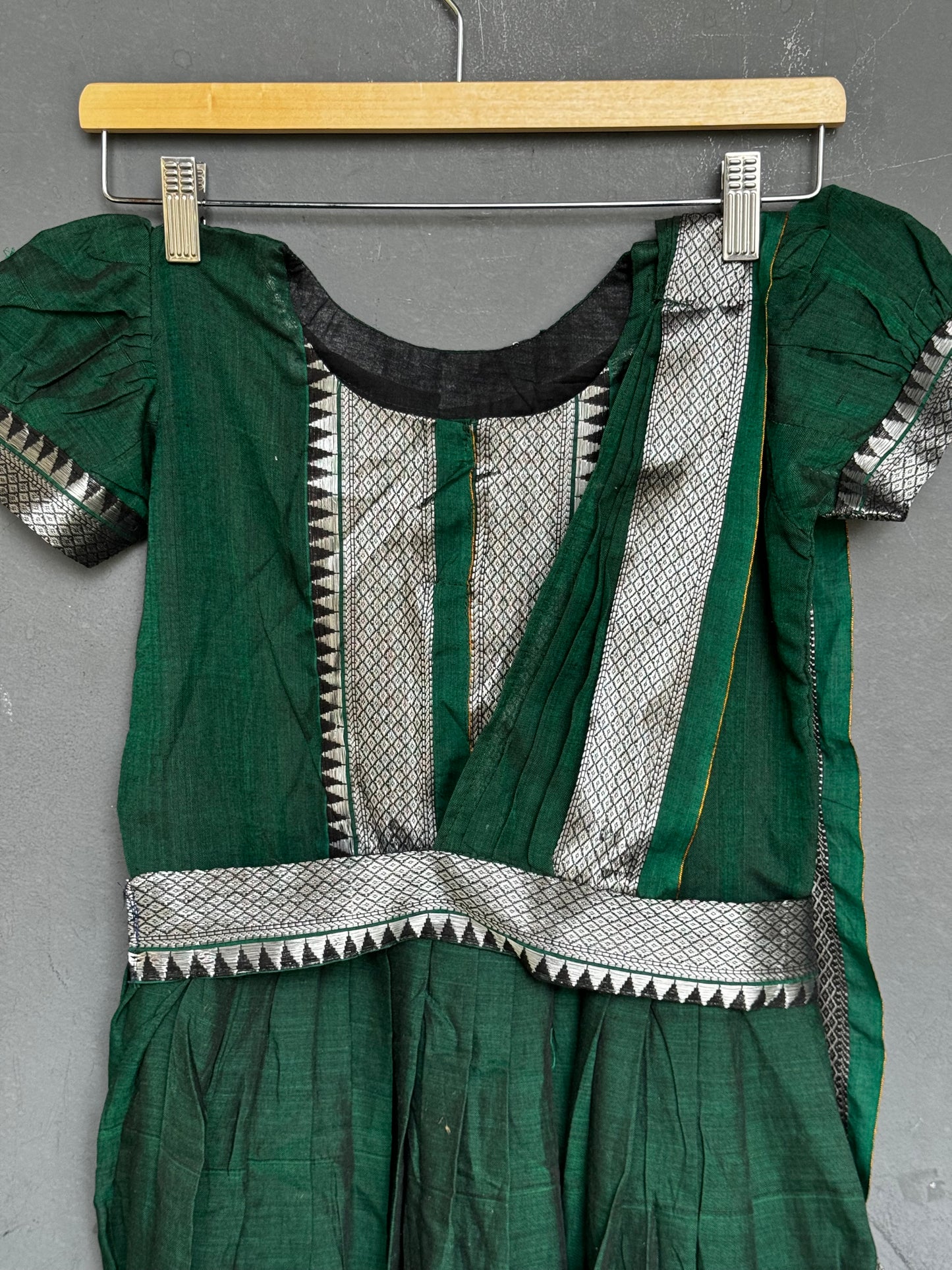 Green narayanpet cotton long frock with belt dupatta for girls