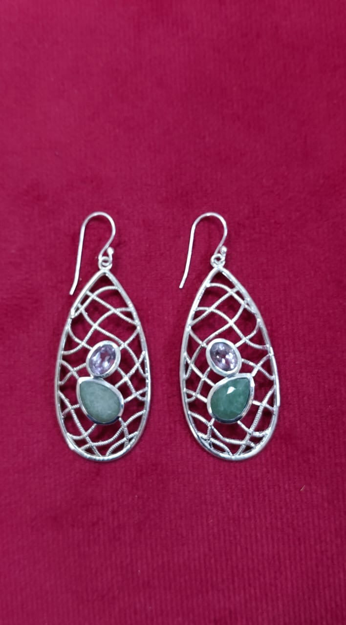 Drop shaped webbed hooks with semi precious stones in 92.5 sterling silver