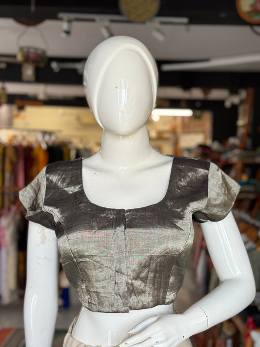 Silver (blackish tone) tissue silk Chanderi handloom blouse with round neckline and short sleeves