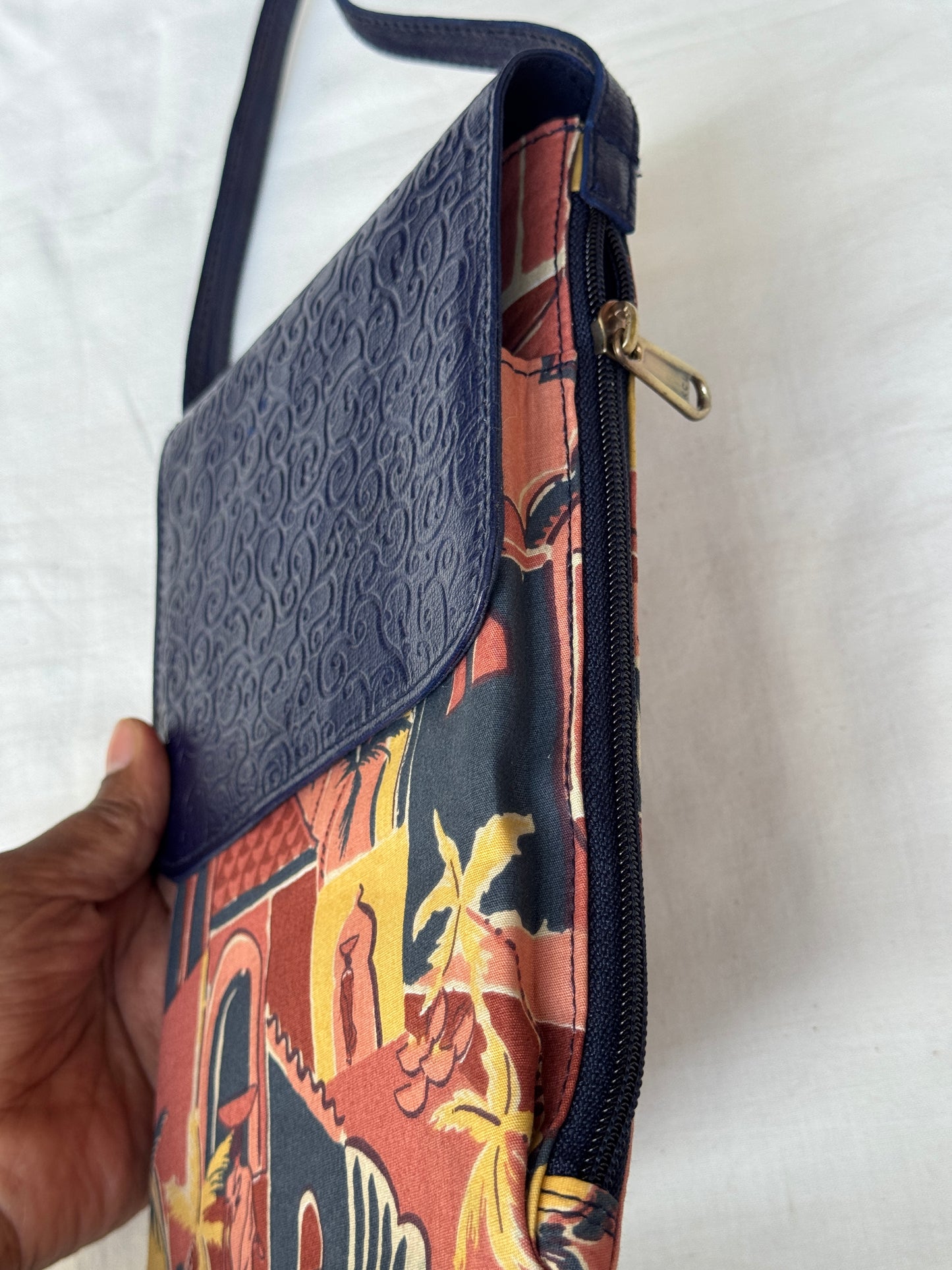 Mobile phone fabric sling with embossed leather flap - carry your essentials