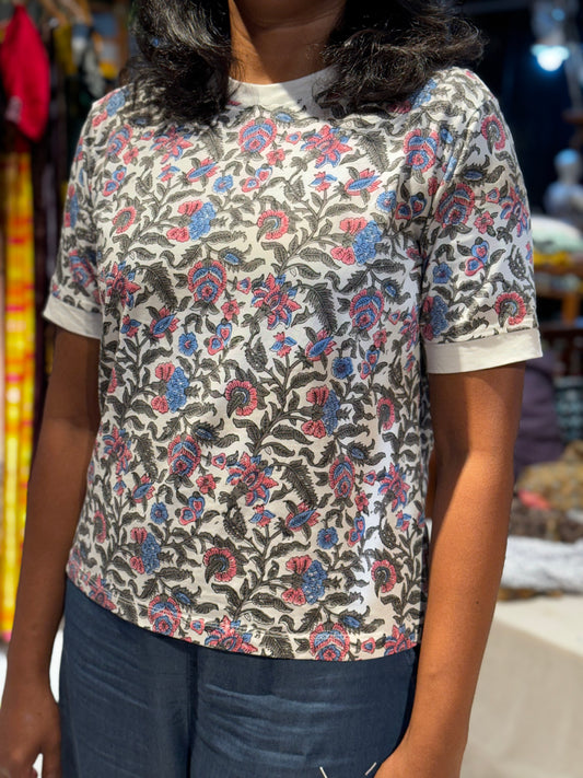 White Jaipuri floral hand block printed cotton tshirt for women