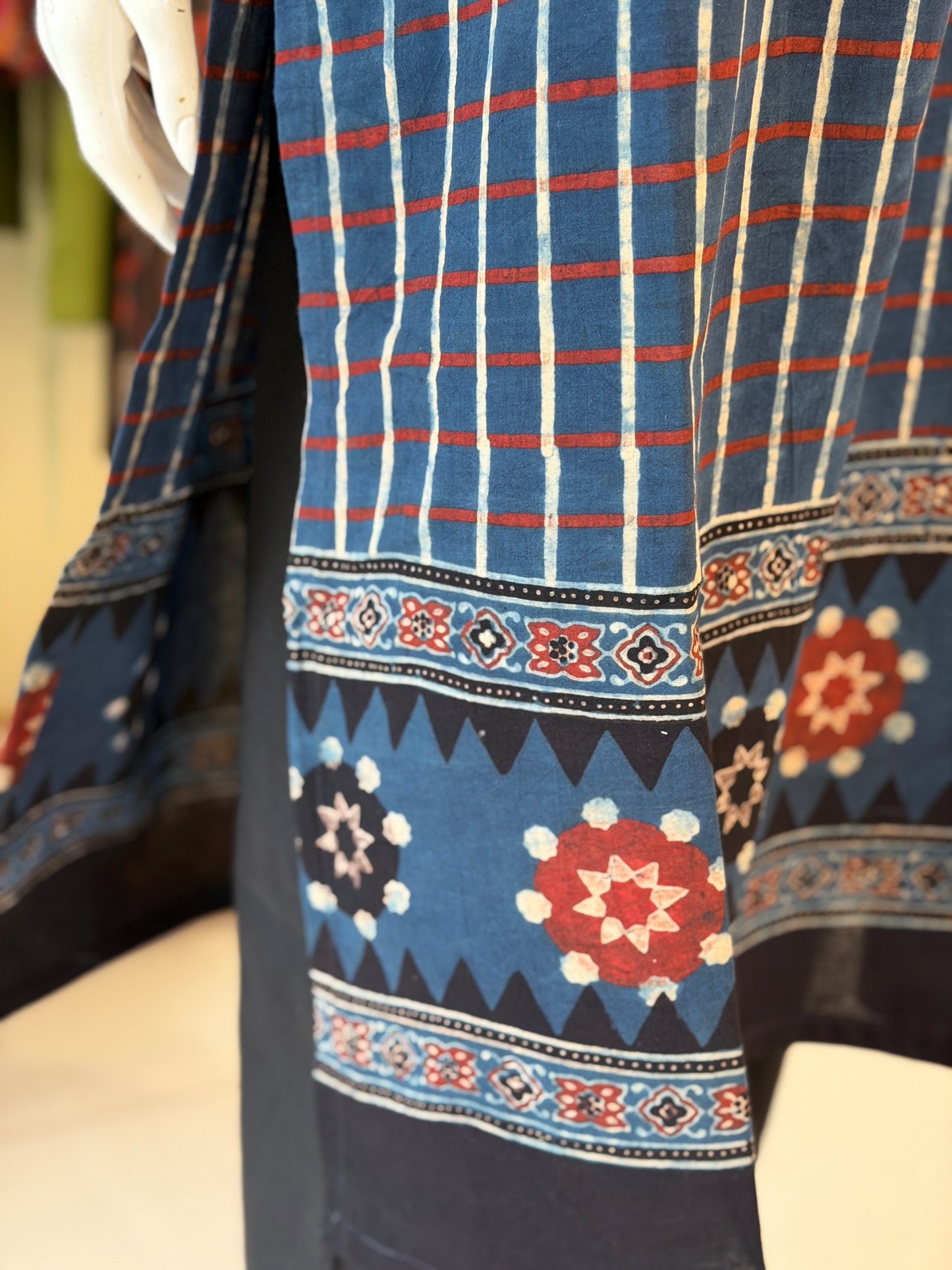 Indigo stripes Ajrakh hand block printed cotton straight kurti