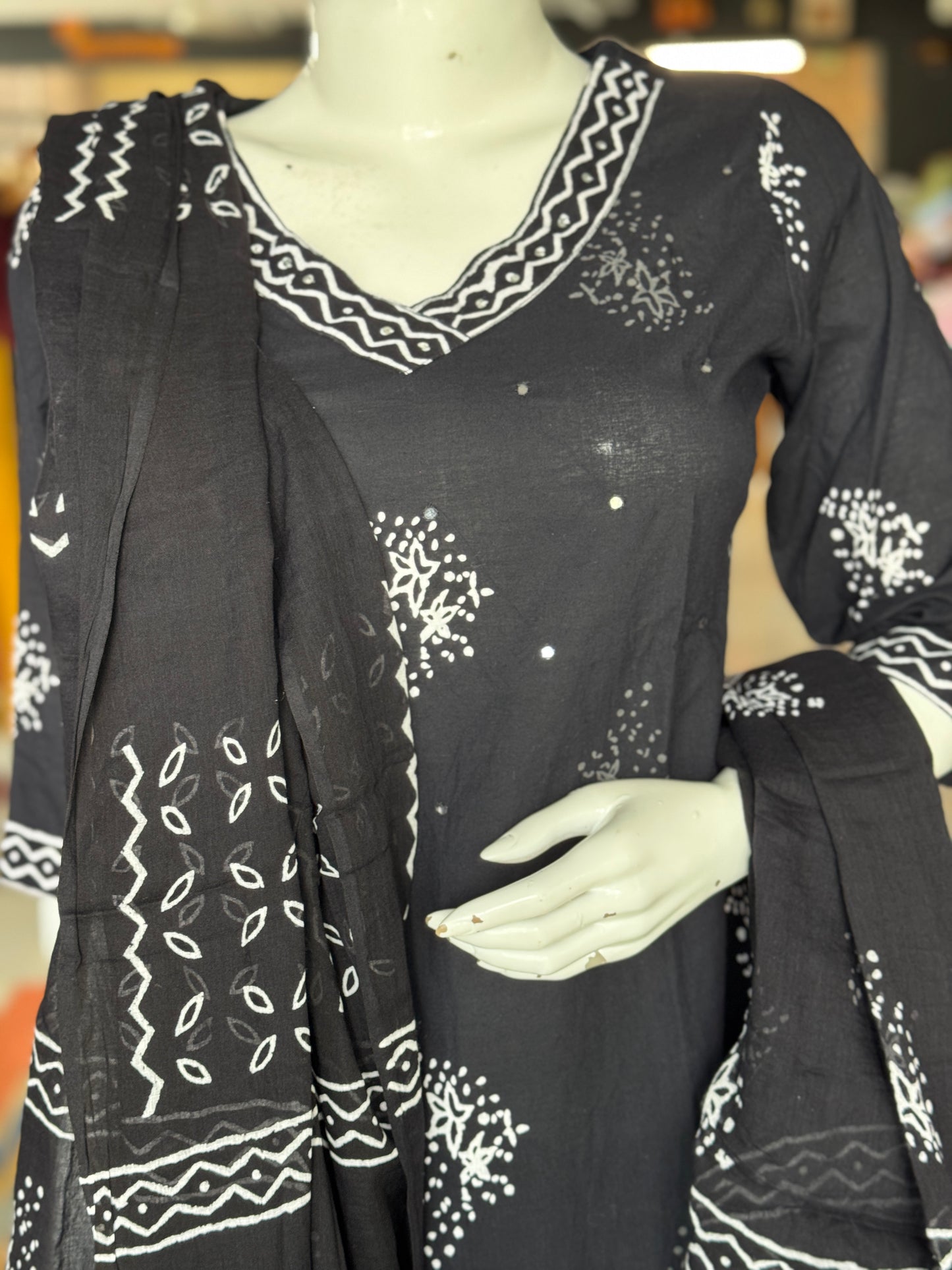 Black cotton 3 piece hand block printed set - straight kurti, pants and dupatta