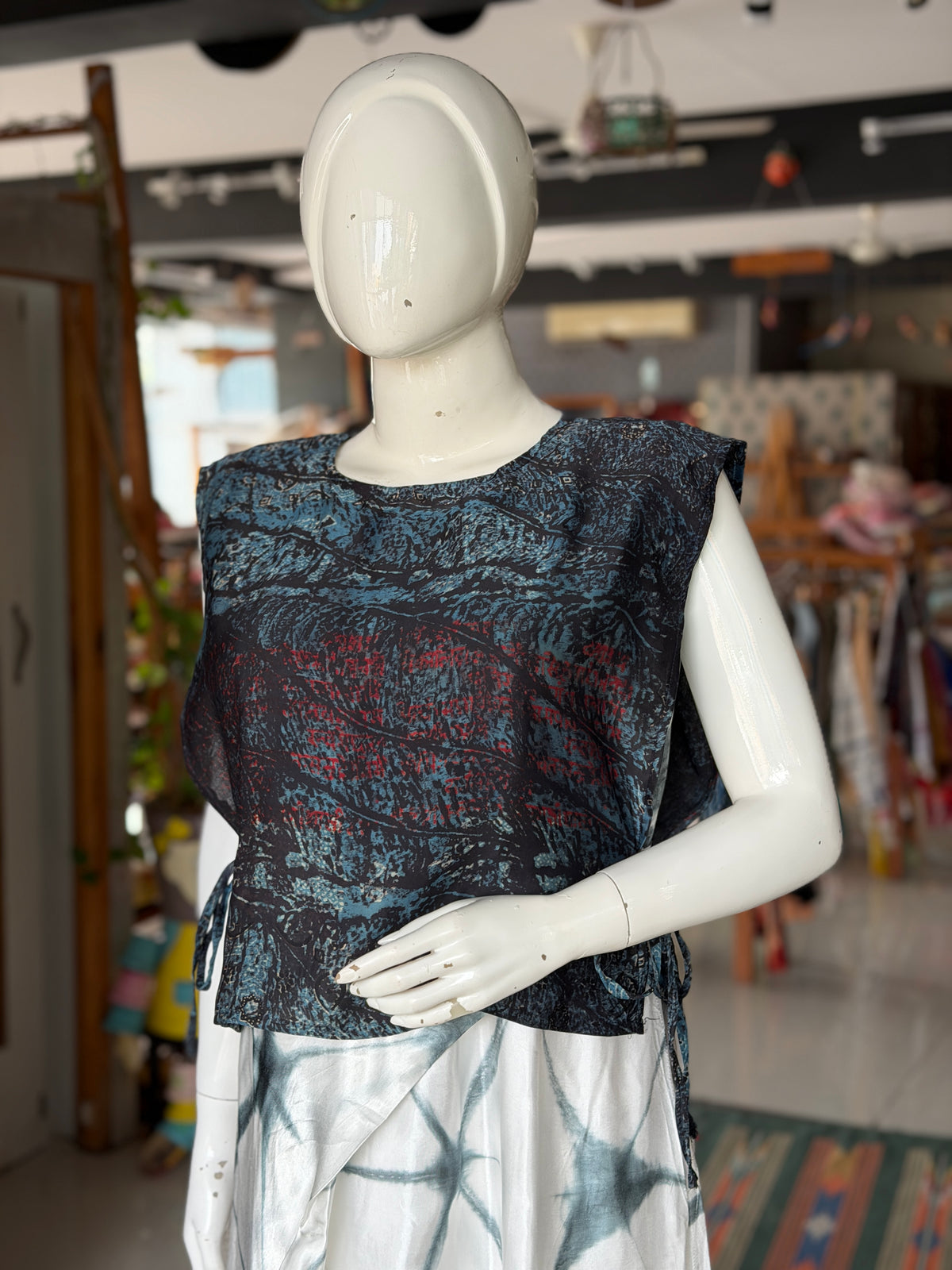 Indigo Ajrakh free size side ties poncho style layering top -  free size