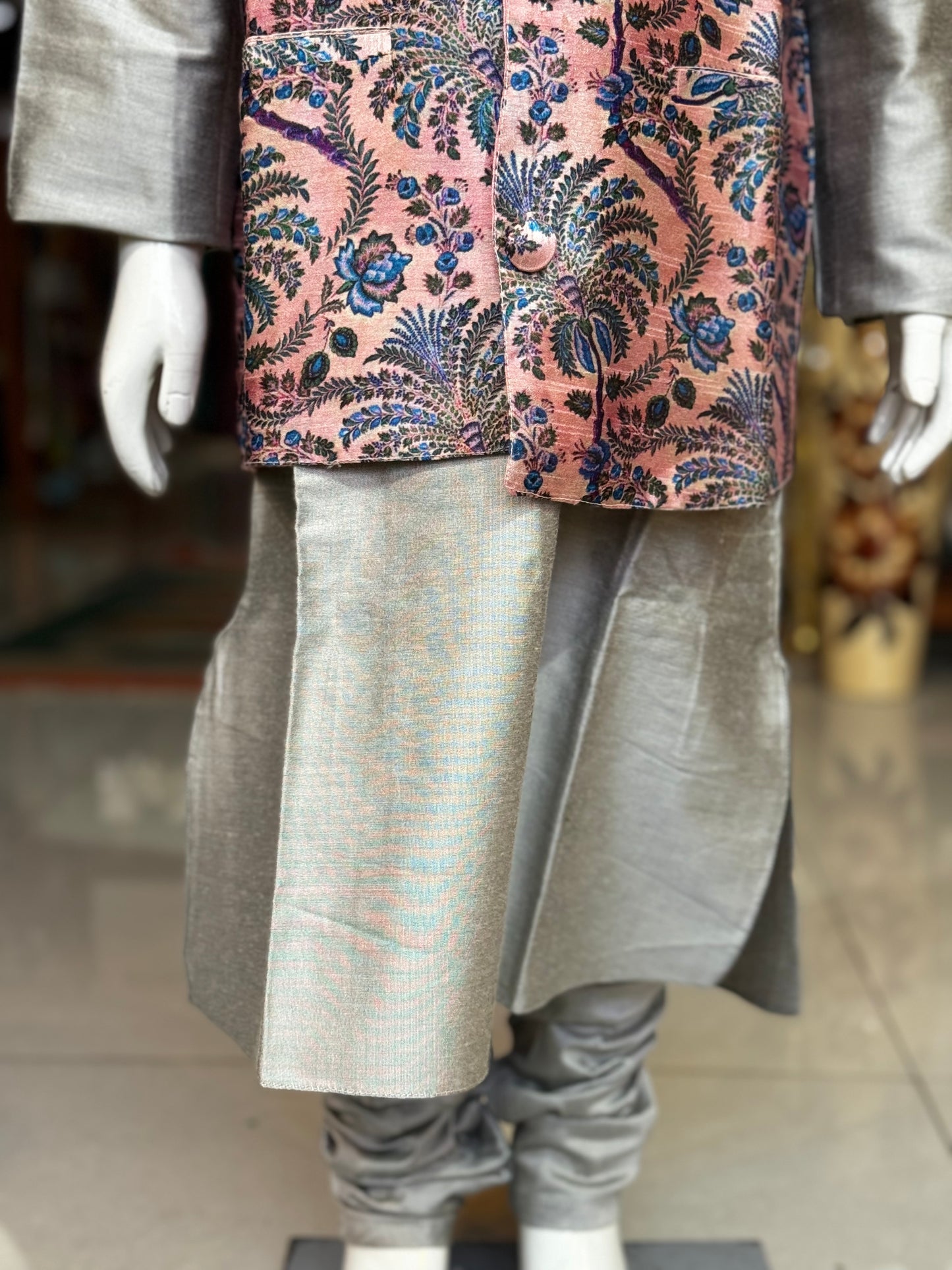 Silver long kurta, chudidhar pants and pink trees print Nehru jacket - 3 piece ethnic set for boys