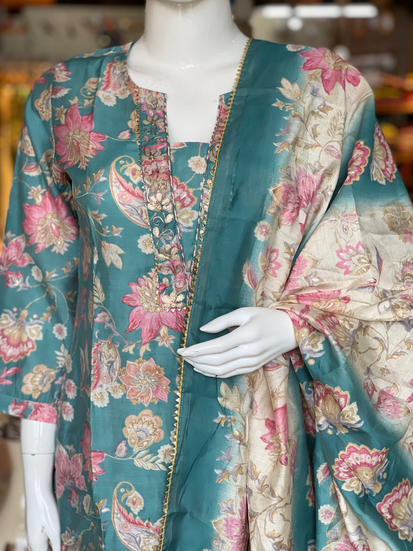 Turquoise floral modal suit set with matching straight pants and dupatta - 3 piece set