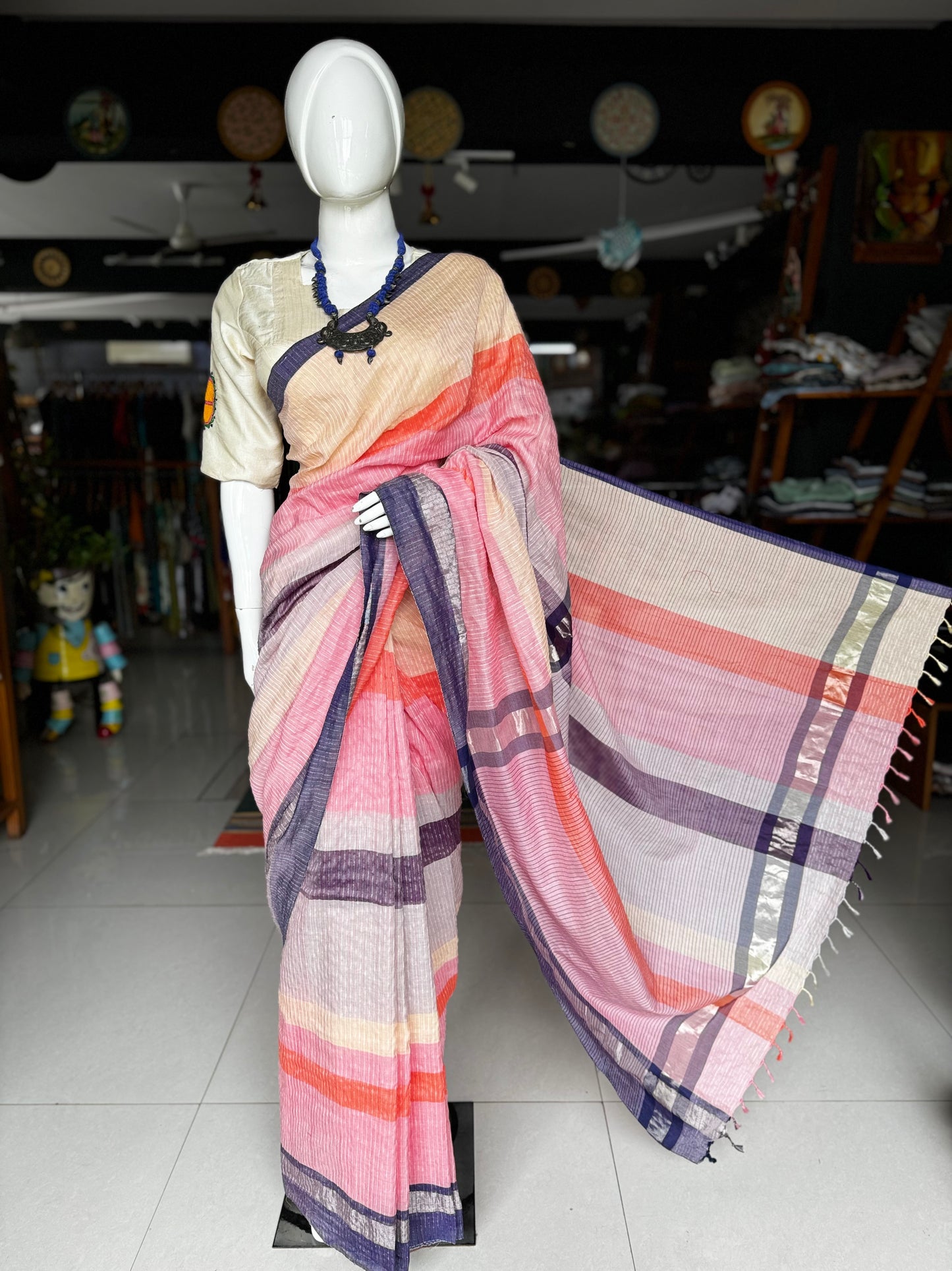 Multi color stripes color block handwoven linen cotton textured saree