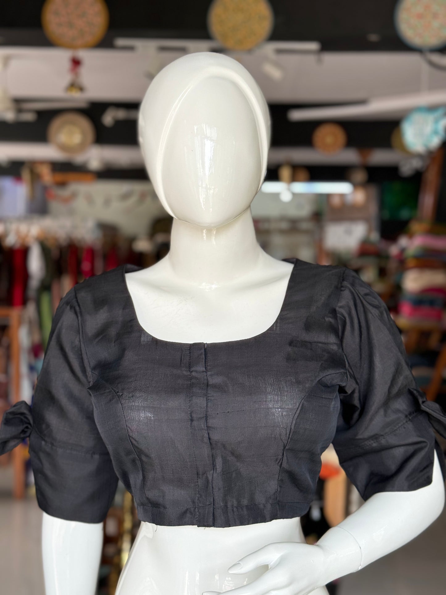 Black silk cotton handloom front open blouse with pleated sleeves